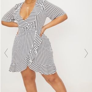 Plus White Striped Frill Detail Wrap Dress
